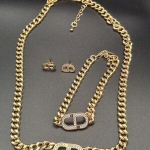 Gold-Tone Logo Chain Necklace, Bracelet & Stud Earrings Set